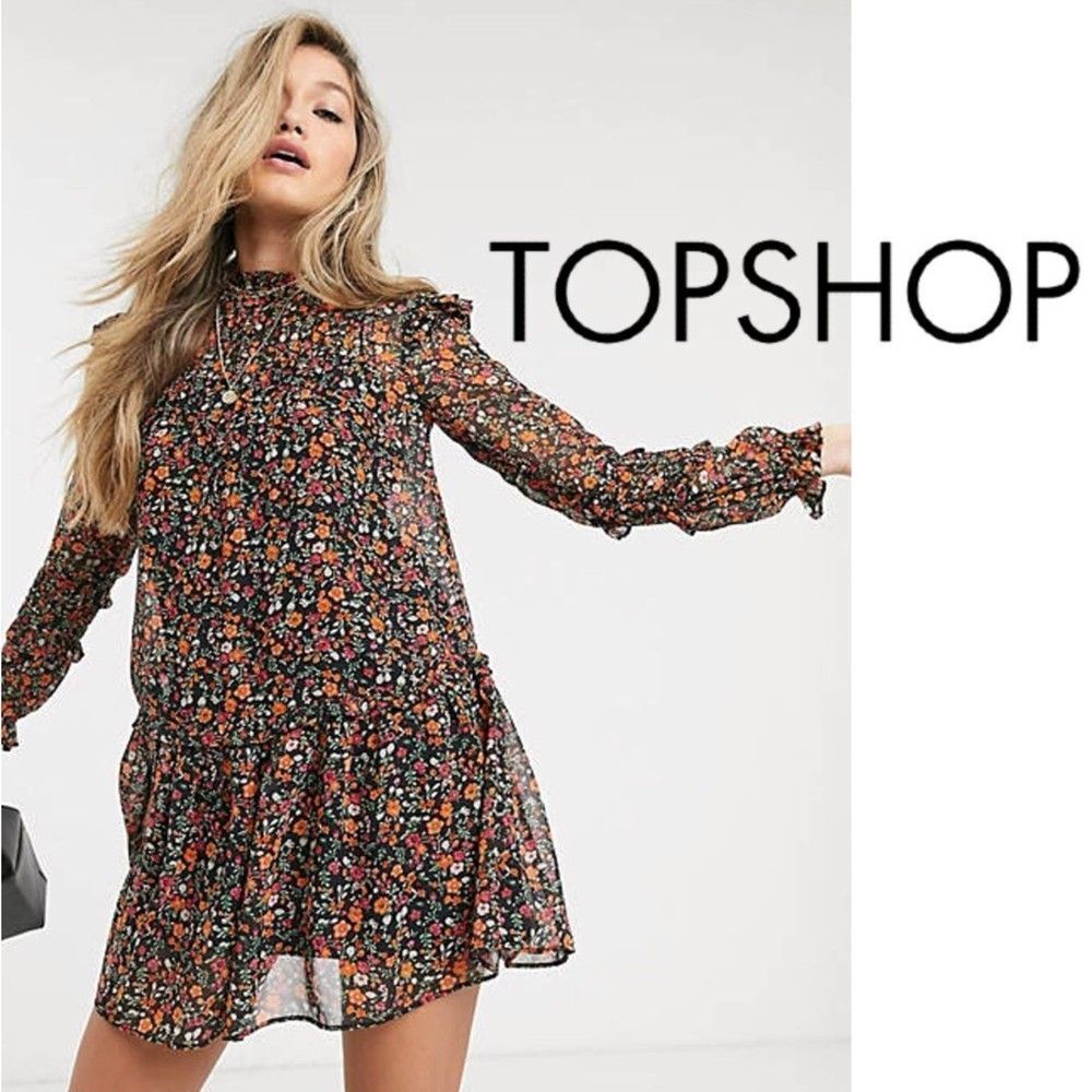 Topshop Women's High neck Mini Dress with Pintuck Detail in Ditsy Floral Sz 2